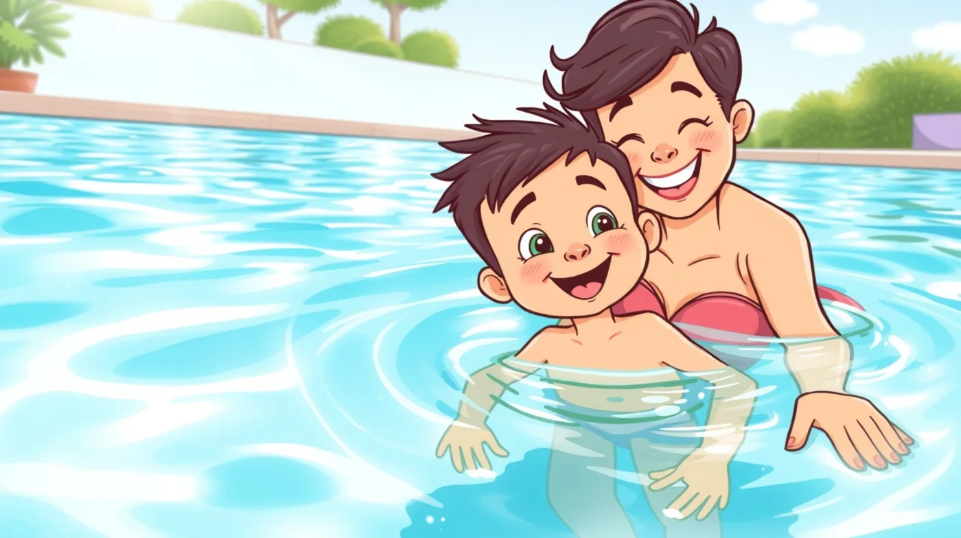 Cartoon-illustratie van een ouder en kind samen spelend en oefenend in het water — officieel cursusbeeld van WaterZeker