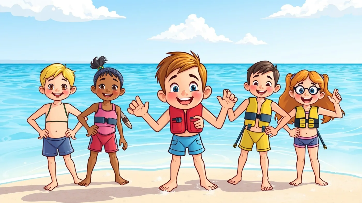Cartoon-illustratie van een ouder en een kind van 7 tot 10 jaar samen in het water — cursusbeeld van het Thuistraject waterveiligheid