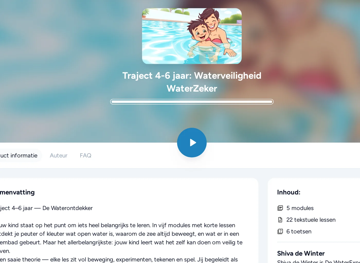 Schermafbeelding van de echte WaterZeker-cursusomgeving, waar cursisten hun video-lessen en examens volgen